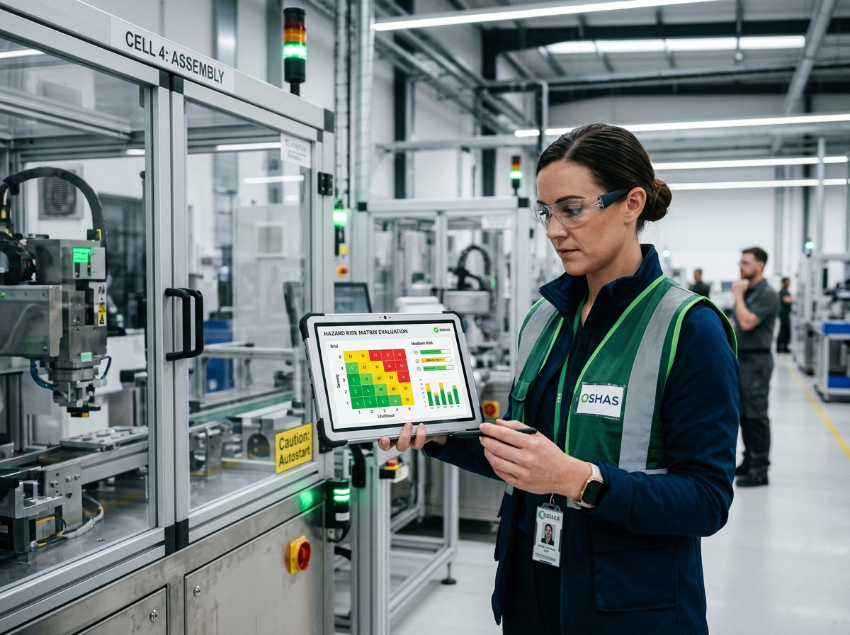 Engenheiro de segurança avaliando matriz de riscos industriais e conformidade NR-01