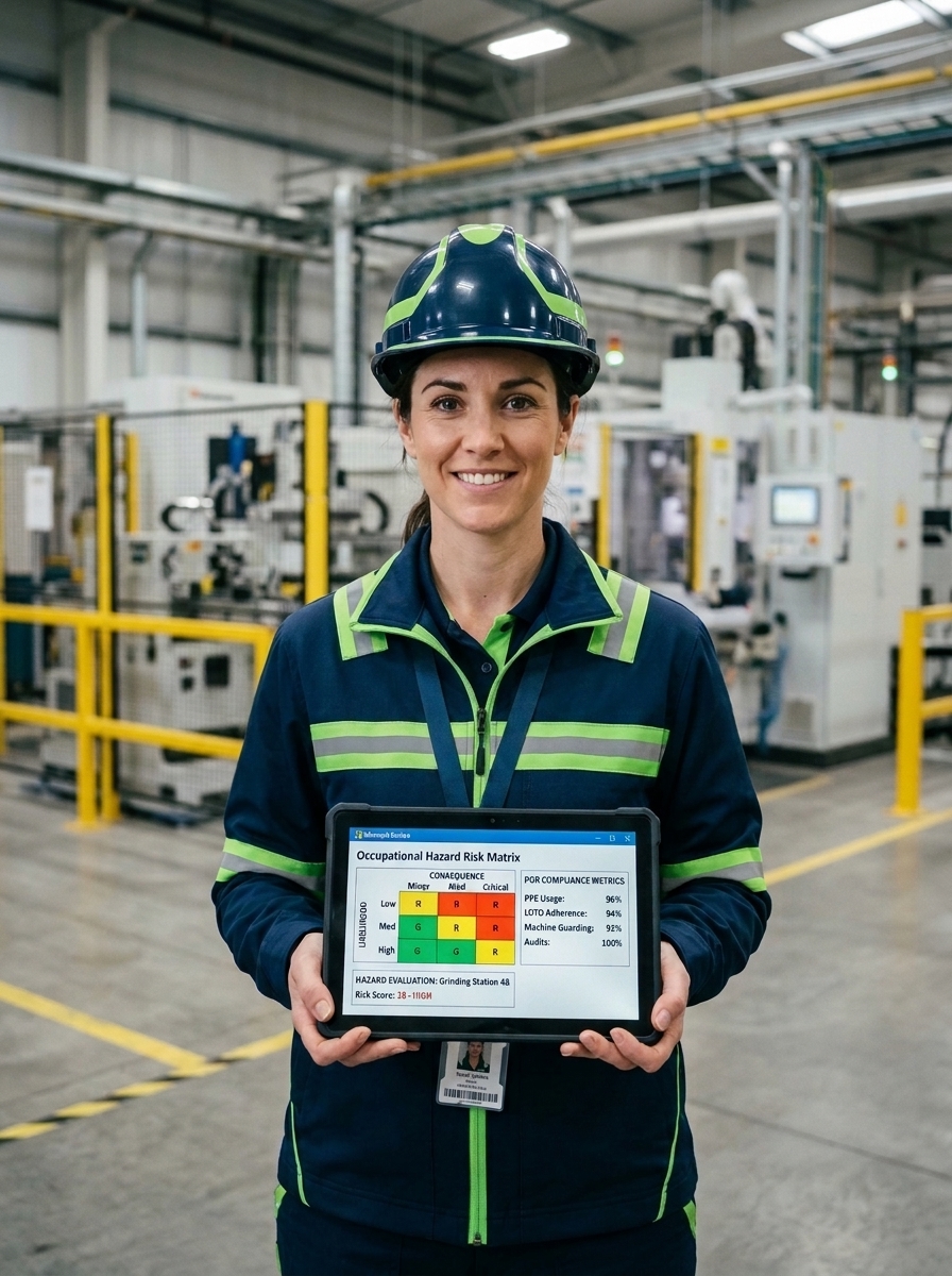 Engenheira de segurança avaliando matriz de riscos industriais e conformidade NR-01