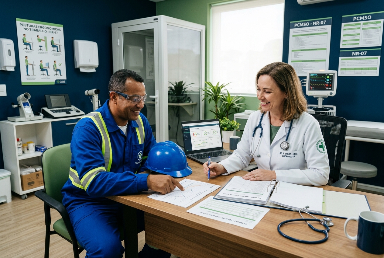 Consulta médica e acompanhamento técnico de saúde do trabalhador PCMSO NR-07